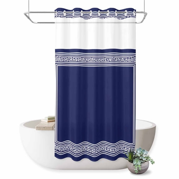 No Hook Shower Curtain, Navy Blue Geometric Shower Curtains for Bathroom with See Through Top Window, White Greek Key Farmhouse Waterproof & Washable Bath Curtain Small Stall 36"x78"