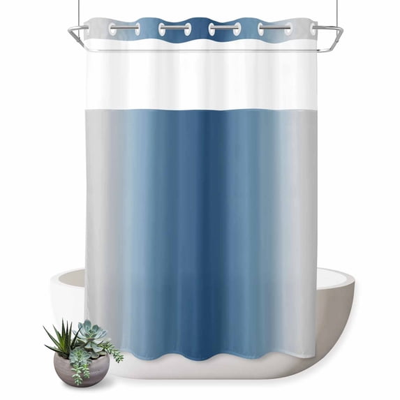 No Hook Shower Curtain, Navy Blue Grey Ombre Shower Curtains for Bathroom with See Through Top Window, Farmhouse Gradient Minimalist Waterproof & Washable Bath Curtain 60"x72"