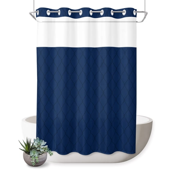 No Hook Shower Curtain, Navy Blue Lattice Geometric Shower Curtains for Bathroom with See Through Top Window, Luxury Abstract Art Aesthetics Waterproof & Washable Bath Curtain Stall 48"x72"