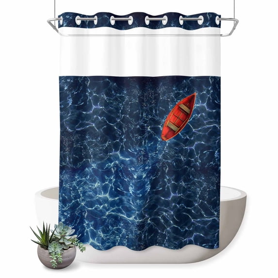 No Hook Shower Curtain, Navy Blue Ocean Waves Shower Curtains for Bathroom with See Through Top Window, Red Boat Coastal Waterproof & Washable Bath Curtain 60"x72"