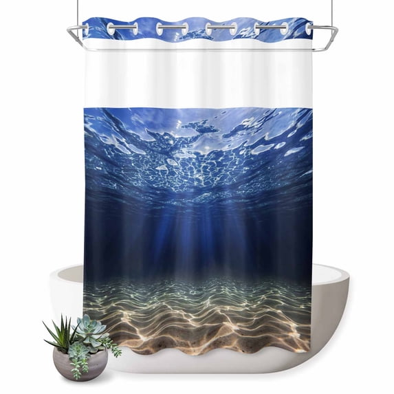 No Hook Shower Curtain, Navy Blue Ocean Waves Shower Curtains for Bathroom with See Through Top Window, Summer Beach Coastal Abstract Waterproof & Washable Bath Curtain Extra Long 72"x84"