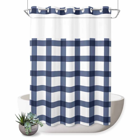 No Hook Shower Curtain, Navy Blue Plaid Check, Shower Curtains for Bathroom with See Through Top Window, Geometrical Abstract Lattice Waterproof & Washable Bath Curtain 60"x72"