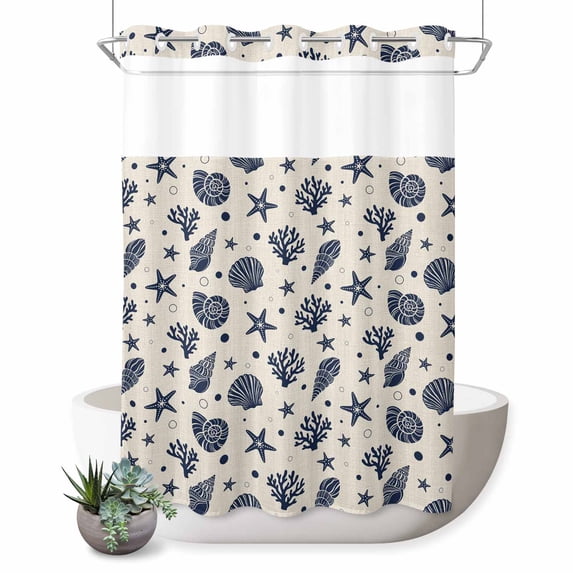 No Hook Shower Curtain, Navy Blue Rustic Coastal Shower Curtains for Bathroom with See Through Top Window, Nautical Seaside Starfish Coral Waterproof & Washable Bath Curtain Stall 48"x72"