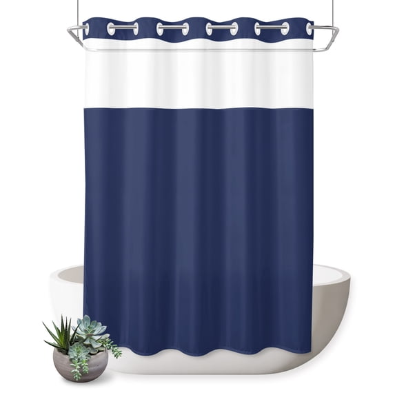 No Hook Shower Curtain, Navy Blue Shower Curtains for Bathroom with See Through Top Window, Modern Solid Color Blue Cosatal Waterproof & Washable Bath Curtain 60"x72"