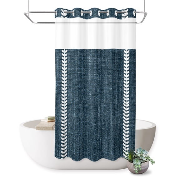 No Hook Shower Curtain, Navy Blue Shower Curtains for Bathroom with See Through Top Window, Traditional Rustic Minimalist Striped Pattern Waterproof & Washable Bath Curtain Small Stall 36"x78"
