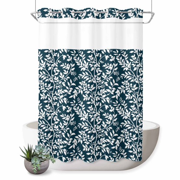 No Hook Shower Curtain, Navy Blue Spring Floral Shower Curtains for Bathroom with See Through Top Window, Farmhouse Flowers Elegant Pastoral Waterproof & Washable Bath Curtain 60"x72"