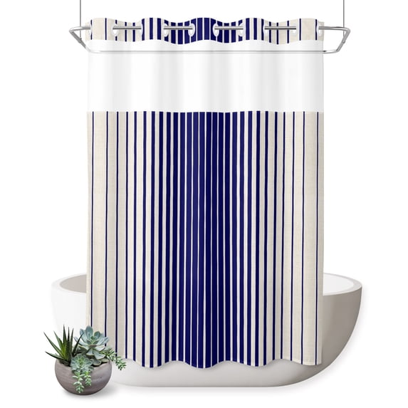 No Hook Shower Curtain, Navy Blue Striped Shower Curtains for Bathroom with See Through Top Window, Farmhouse Beige Stripes Vintage Rustic Waterproof & Washable Bath Curtain Stall 48"x72"