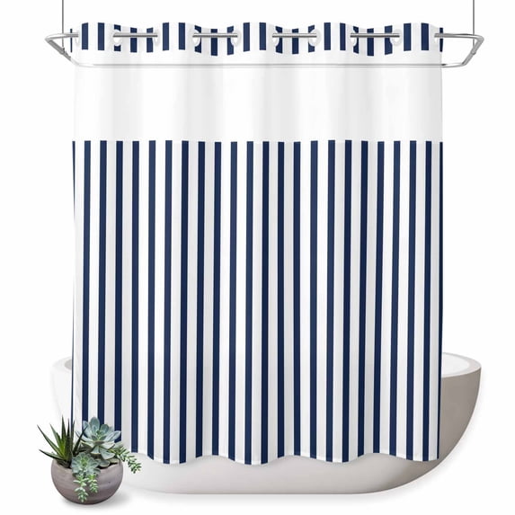 No Hook Shower Curtain, Navy Blue Vertical Striped Shower Curtains for Bathroom with See Through Top Window, Farmhouse Thin Line Stripes Waterproof & Washable Bath Curtain Long 72"x78"