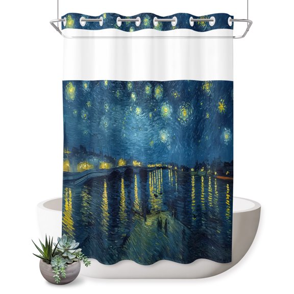 No Hook Shower Curtain, Night Sky Shower Curtains for Bathroom with See Through Top Window, Farmhouse Star River Impressionist Aesthetic Waterproof & Washable Bath Curtain 60"x72"