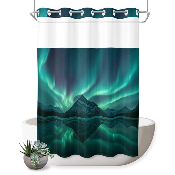 No Hook Shower Curtain, Night Sky Shower Curtains for Bathroom with See Through Top Window, Winter Snowy Green Natural Light Mountain Waterproof & Washable Bath Curtain 60"x72"
