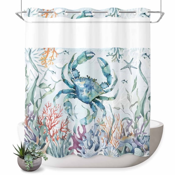 No Hook Shower Curtain Ocean Crab Shower Curtain for Bathroom Blue Coral Nautical Starfish Jellyfish Bath Curtains Waterproof Fabric with See Through Top Window for Spa Hotel 72x72 Inch