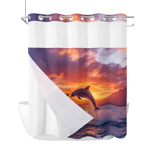 No Hook Shower Curtain, Ocean Dolphins Standard Shower Curtain with Snap in Liner, Summer Coastal Sunset Romantic Orange Waterproof Washable Fabric Bathroom Curtains Set, 72" x 72"