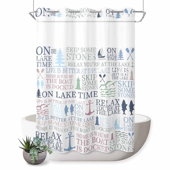 No Hook Shower Curtain, Ocean Nautical Shower Curtains for Bathroom with See Through Top Window, Rustic Anchors Fish Oars Lighthouses Waterproof & Washable Bath Curtain Stall 48"x72"