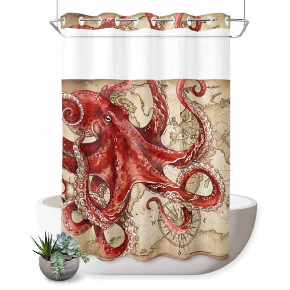No Hook Shower Curtain, Ocean Red Octopus Shower Curtains for Bathroom with See Through Top Window, Coastal Anchor Sea Boat Retro World Map Waterproof & Washable Bath Curtain Stall 48"x72"