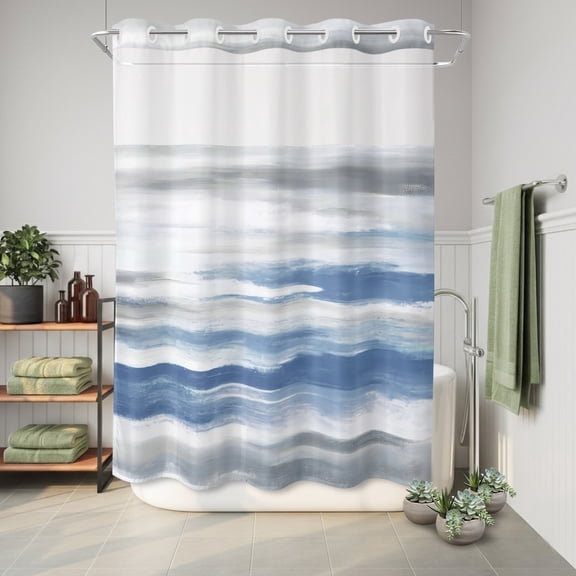 No Hook Shower Curtain Ombre Blue Texture Waterproof Fabric Shower Curtain Ocean Beach Hotel Style Bathroom Curtain with See Through Top Window Machine Washable 48x72in