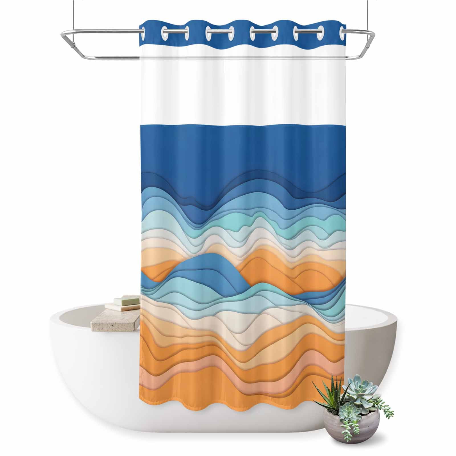 No Hook Shower Curtain Ombre Orange Blue Shower Curtain for Bathroom Abstract Mountain Waves Lines Bath Curtains Waterproof Fabric with See Through Top Window for Spa Hotel 36x72 Inch