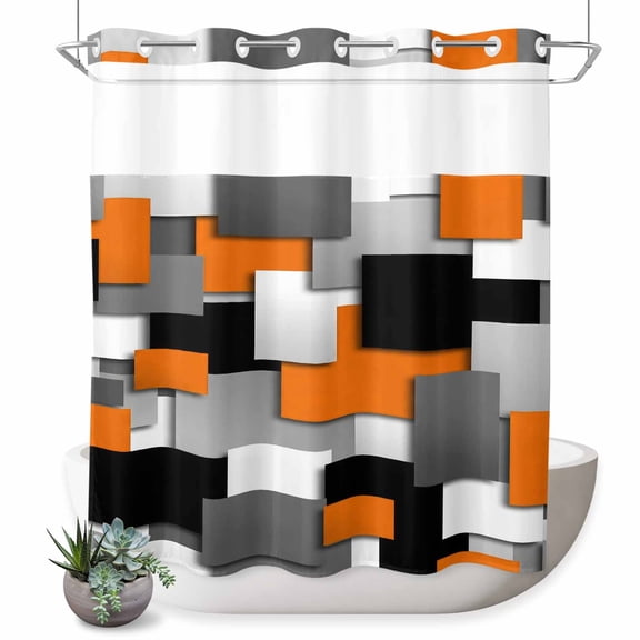No Hook Shower Curtain Orange Geometric Shower Curtain for Bathroom Modern Abstract Rectangular Bath Curtains Waterproof Fabric with See Through Top Window for Spa Hotel 72x72 Inch