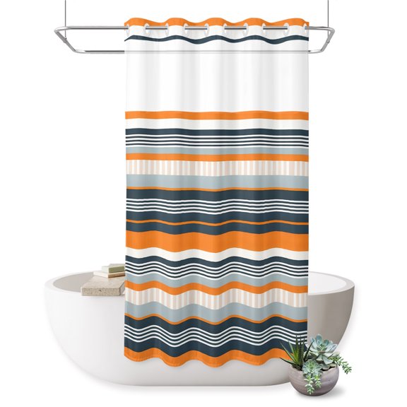 No Hook Shower Curtain, Orange Grey Striped Shower Curtains for Bathroom with See Through Top Window, Farmhouse Vintage Stripe Waterproof & Washable Bath Curtain Stand Up Stall 36"x72"