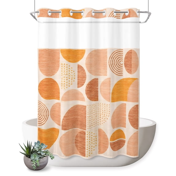 No Hook Shower Curtain, Orange Ombre Geometric Shower Curtains for Bathroom with See Through Top Window, Middle Century Vintage Abstract Art Waterproof & Washable Bath Curtain Stall 48"x72"
