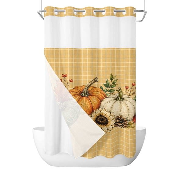 No Hook Shower Curtain, Orange Pumpkins Fall Stall Bathroom Curtains with Snap in Liner, Thanksgiving Floral Botanical Yellow Plaid Waterproof Washable Fabric Shower Curtain Set, 54" x 78"