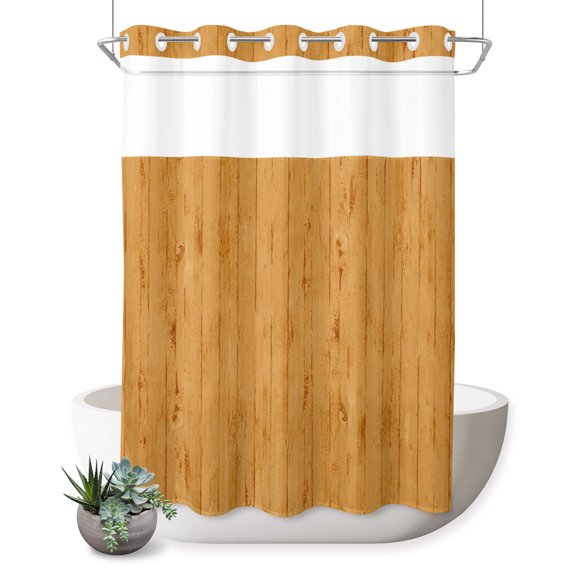 No Hook Shower Curtain, Orange Shower Curtains for Bathroom with See Through Top Window, Farmhouse Vintage Shabby Wooden Grain Waterproof & Washable Bath Curtain Extra Long 72"x84"
