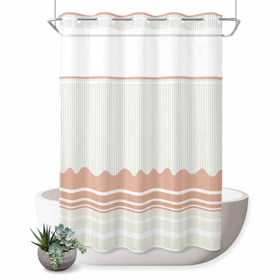 No Hook Shower Curtain, Orange Striped Shower Curtains for Bathroom with See Through Top Window, Abstract Modern Geometric Stripes Waterproof & Washable Bath Curtain Stall 48"x72"