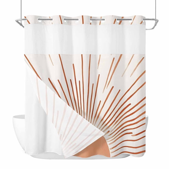 No Hook Shower Curtain, Orange Sunshine Standard Shower Curtain with Snap in Liner, Lines Retro Abstract Middle Century Waterproof Washable Fabric Bathroom Curtains Sets, 72"W x 72"L
