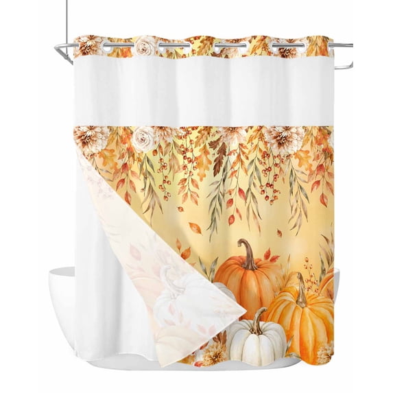 No Hook Shower Curtain, Orange Thanksgiving Long Bathtub Curtains with Snap in Liner, Fall Country Pumpkin Leaves Flowers Waterproof Washable Fabric Bathroom Curtain Set, 72" x 78"