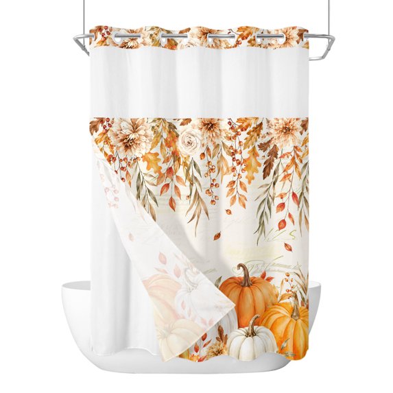 No Hook Shower Curtain, Orange White Pumpkin Fall Stall Bathroom Curtains with Snap in Liner, Thanksgiving Weeping Leaves Waterproof Washable Fabric Shower Curtain Set, 48" x 72"