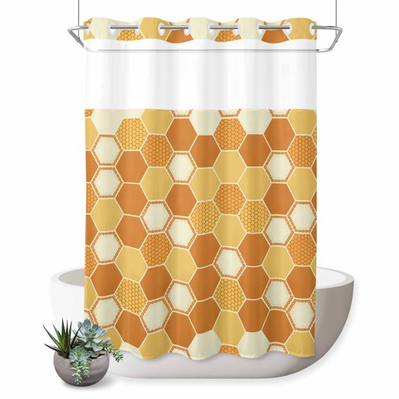 No Hook Shower Curtain, Orange Yellow Shower Curtains for Bathroom with See Through Top Window, Farmhouse Abstract Geometric Hexagon Art Waterproof & Washable Bath Curtain 60"x72"
