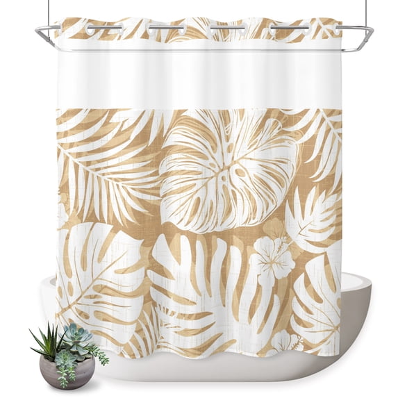 No Hook Shower Curtain, Palm Tree Monstera Shower Curtains for Bathroom with See Through Top Window, Cream Beige Leaf Boho Botanical Tropical Waterproof & Washable Bath Curtain 66"x72"