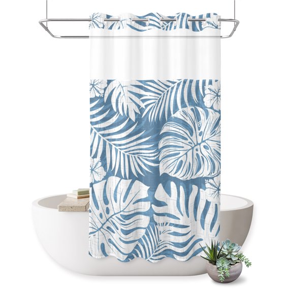 No Hook Shower Curtain, Palm Tree Monstera Shower Curtains for Bathroom with See Through Top Window, Slate Blue Leaf Boho Botanical Tropical Waterproof & Washable Bath Curtain Narrow 54"x78"