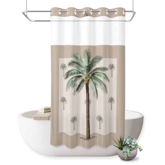 No Hook Shower Curtain, Palm Trees Shower Curtains for Bathroom with See Through Top Window, Brown Tropical Plants Summer Green Waterproof & Washable Bath Curtain Narrow 54"x78"