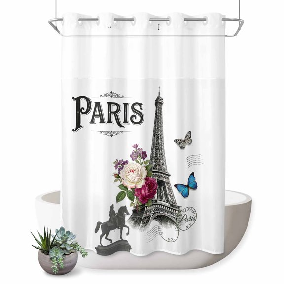 No Hook Shower Curtain, Paris Eiffel Tower Shower Curtains for Bathroom with See Through Top Window, Rustic Rose Floral Sculpture Butterfly Waterproof & Washable Bath Curtain 60"x72"