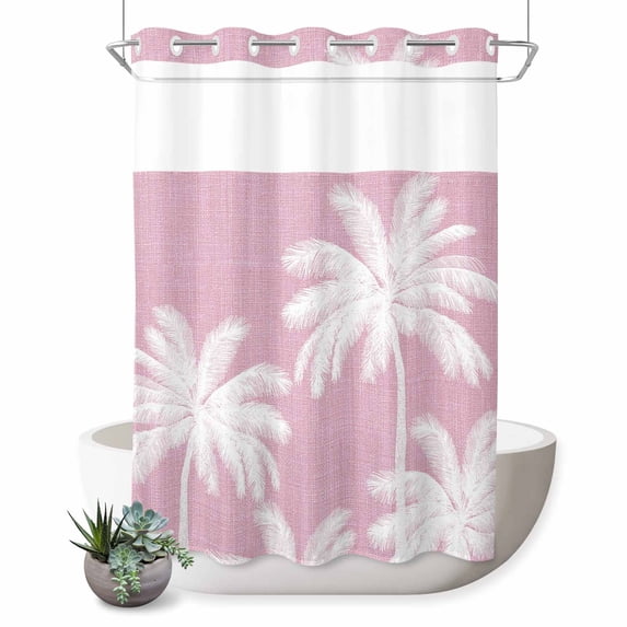 No Hook Shower Curtain, Peach Pink Palm Tree Shower Curtains for Bathroom with See Through Top Window, Summer Botancial Tropical Farmhouse Waterproof & Washable Bath Curtain Stall 48"x72"