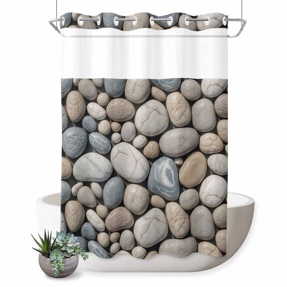 No Hook Shower Curtain, Pebble Stone Shower Curtains for Bathroom with See Through Top Window, Modern Minimalist Nature Art Aesthetics Waterproof & Washable Bath Curtain 60"x72"