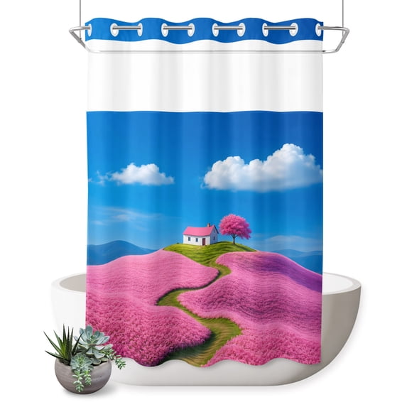 No Hook Shower Curtain, Pink Blue Shower Curtains for Bathroom with See Through Top Window, Natural Landscape Country Tree Flowers Waterproof & Washable Bath Curtain Extra Long 72"x96"