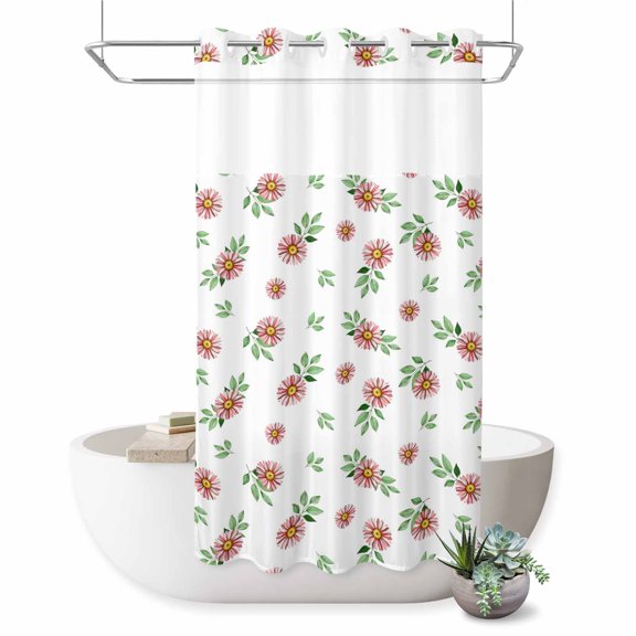 No Hook Shower Curtain Pink Daisies Flowers Shower Curtain for Bathroom Floral Green Leaf Bath Curtains Waterproof Fabric with See Through Top Window for Spa Hotel 36x72 Inch