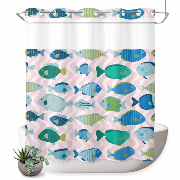 No Hook Shower Curtain, Pink Fishes Shower Curtains for Bathroom with See Through Top Window, Cartoon Coastal Ocean Fish Striped Waterproof & Washable Bath Curtain 66"x72"