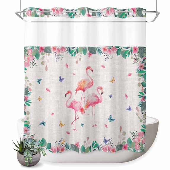 No Hook Shower Curtain, Pink Flamingo Shower Curtains for Bathroom with See Through Top Window, Tropical Botanical Summer Flower Rustic Waterproof & Washable Bath Curtain Standard 72"x72"