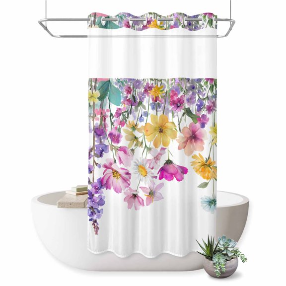 No Hook Shower Curtain, Pink Flowers Shower Curtains for Bathroom with See Through Top Window, Spring Floral Elegant Pastoral Watercolor Waterproof & Washable Bath Curtain Small Stall 36"x78"