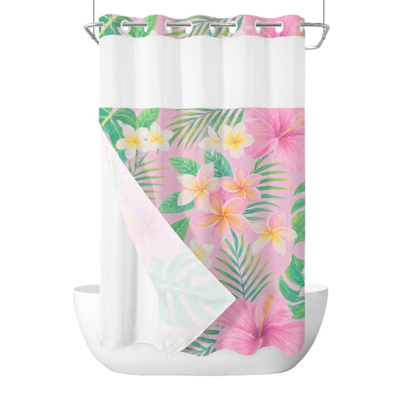 No Hook Shower Curtain, Pink Flowers Small Shower Curtains with Snap in Liner, Summer Botanical Green Tropical Palm Leaves Waterproof Washable Fabric Bathroom Curtain Set, 36" x 78"