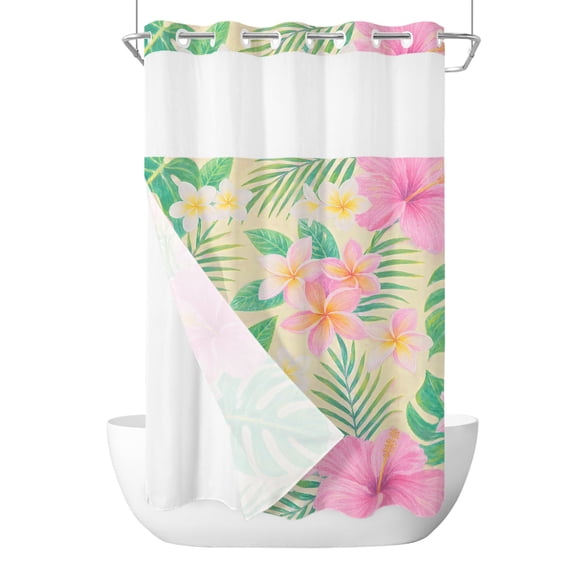 No Hook Shower Curtain, Pink Flowers Small Shower Curtains with Snap in Liner, Yellow Summer Botanical Tropical Palm Leaf Waterproof Washable Fabric Bathroom Curtain Set, 36" x 78"