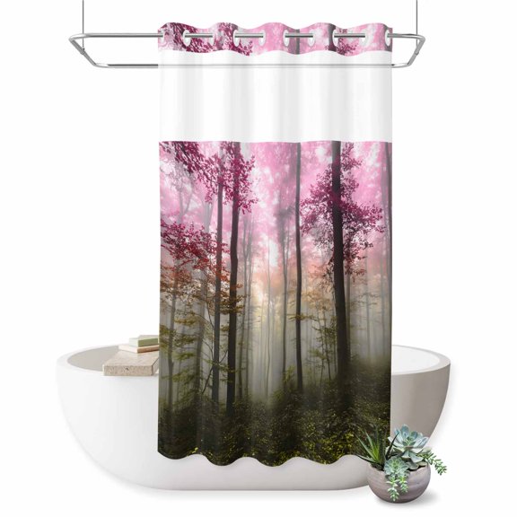 No Hook Shower Curtain Pink Forest Shower Curtain for Bathroom Misty Forest Trees Nature Bath Curtains Waterproof Fabric with See Through Top Window for Spa Hotel 36x72 Inch