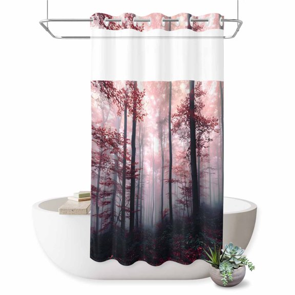 No Hook Shower Curtain Pink Forest Shower Curtain for Bathroom Misty Forest Trees Nature Landscape Bath Curtains Waterproof Fabric with See Through Top Window for Spa Hotel 36x72 Inch