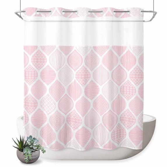 No Hook Shower Curtain, Pink Geometric Shower Curtains for Bathroom with See Through Top Window, Morocco Modern Simple Abstract Aesthetic Waterproof & Washable Bath Curtain 66"x72"