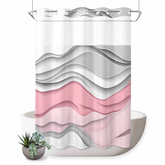 No Hook Shower Curtain, Pink Gray Ombre Shower Curtains for Bathroom with See Through Top Window, Modern Abstract Moire Art Geometric Waterproof & Washable Bath Curtain 60"x72"