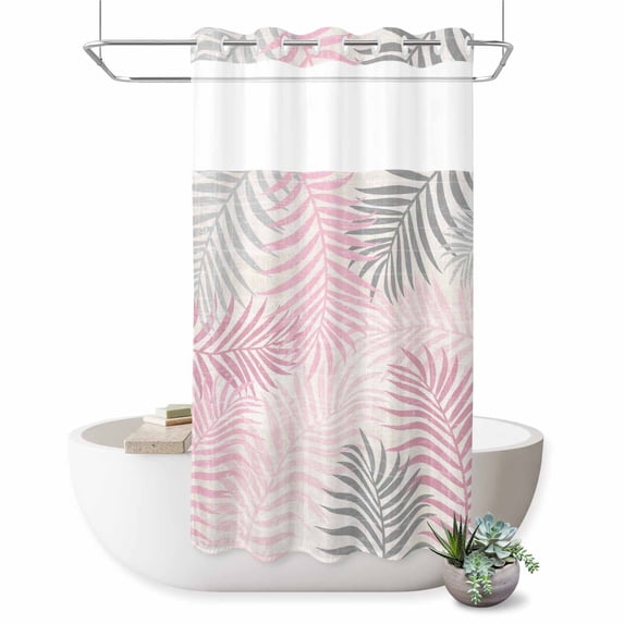 No Hook Shower Curtain, Pink Grey Palm Leaves Shower Curtains for Bathroom with See Through Top Window, Summer Botanical Tropical Leaf Waterproof & Washable Bath Curtain Narrow 54"x78"