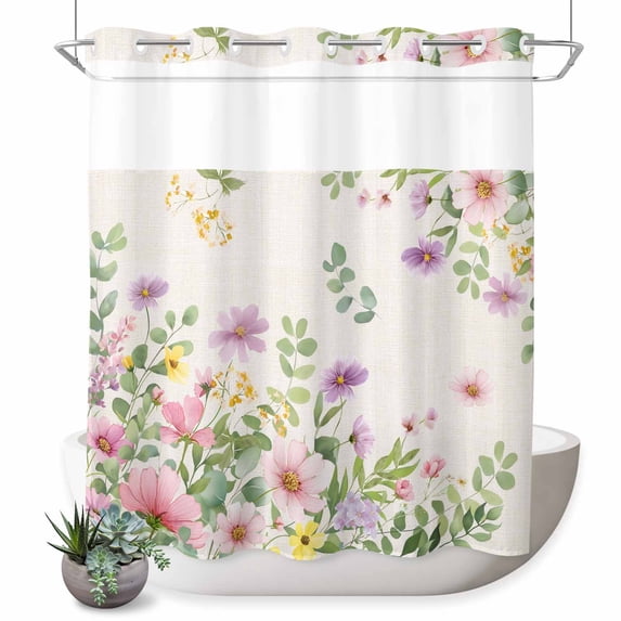 No Hook Shower Curtain, Pink Purple Flower Shower Curtains for Bathroom with See Through Top Window, Spring Farmhouse Country Floral Leaf Waterproof & Washable Bath Curtain Standard 72"x72"