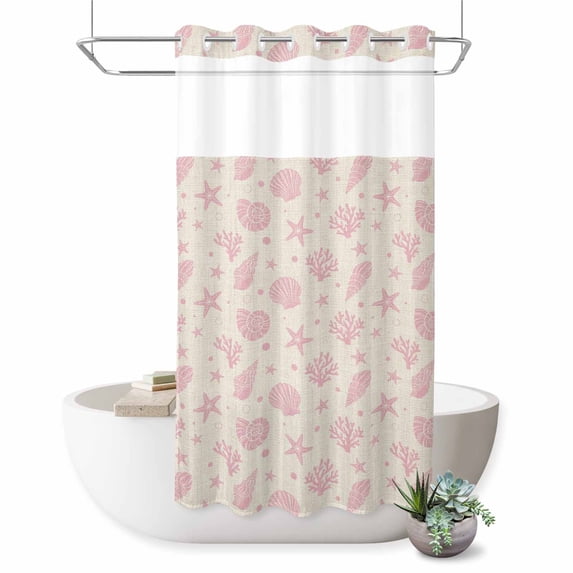 No Hook Shower Curtain, Pink Rustic Coastal Shower Curtains for Bathroom with See Through Top Window, Nautical Seaside Starfish Coral Shell Waterproof & Washable Bath Curtain Stand Up Stall 36"x72"